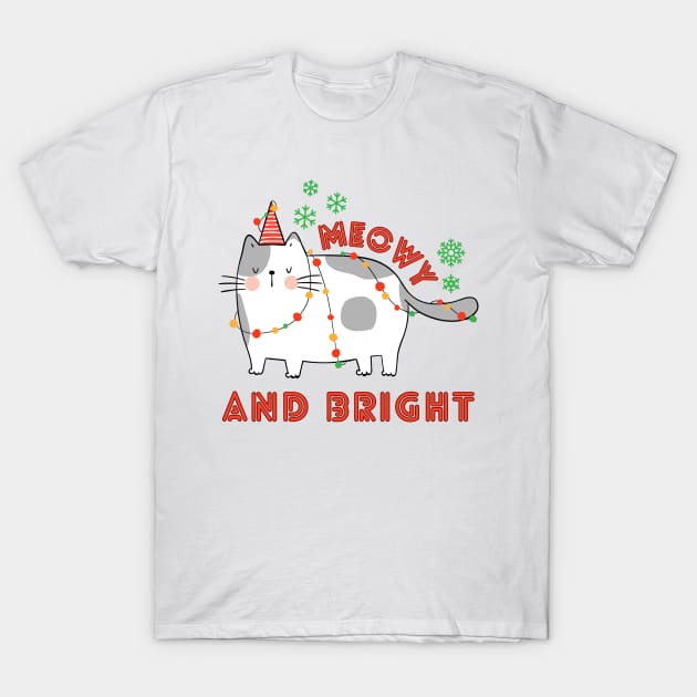 Funny Christmas Cat Wrapped in Lights, Meowy and Bright T-Shirt by TheCloakedOak